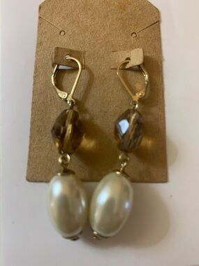 Gold-Tone Pearl Drop Earrings with Smoky Bead